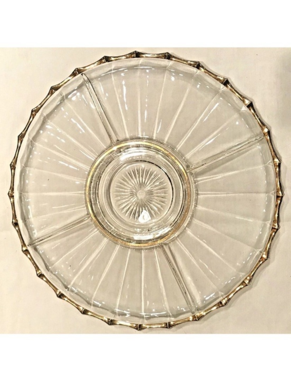 Vintage 1953 Jeannette 13”Round 5 Part Relish Glass Tray Gold Trim